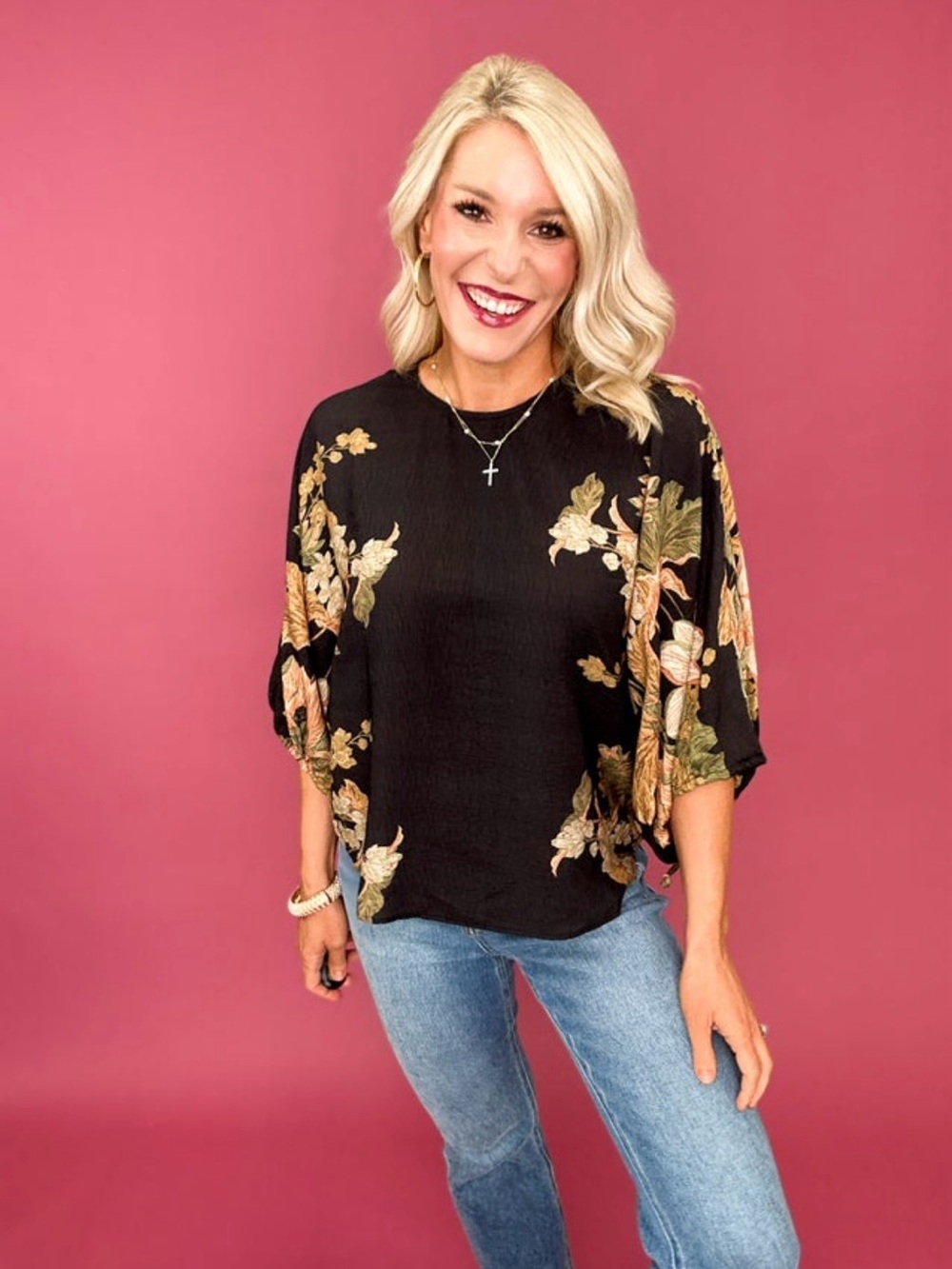 entro Black Floral Dolman-Sleeve Blouse with Gold and Green Accents